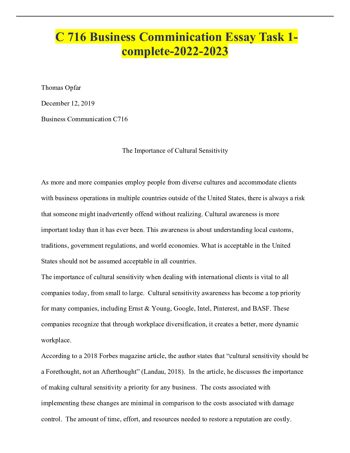 Preview of C 716 Business Communication Essay Task 1-complete-2022-2023
